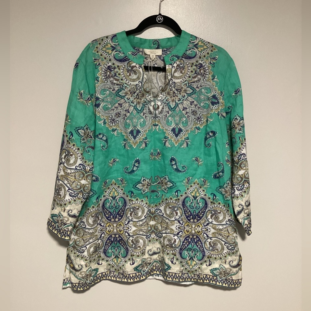 Charter Club 100% Linen Size XL Women Tunic 3/4 Sleeves Paisley Green V Neck